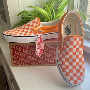 VANS *BRAND NEW* Orange Tiger & White Checkerboard Slip-Ons. Hard to find!